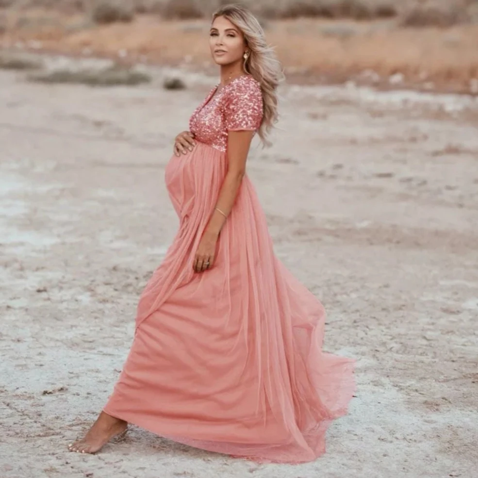 

Блестящие женские платья для беременных с блестками для фотосессии с V-образным вырезом и коротким рукавом длинные шифоновые платья для бер...