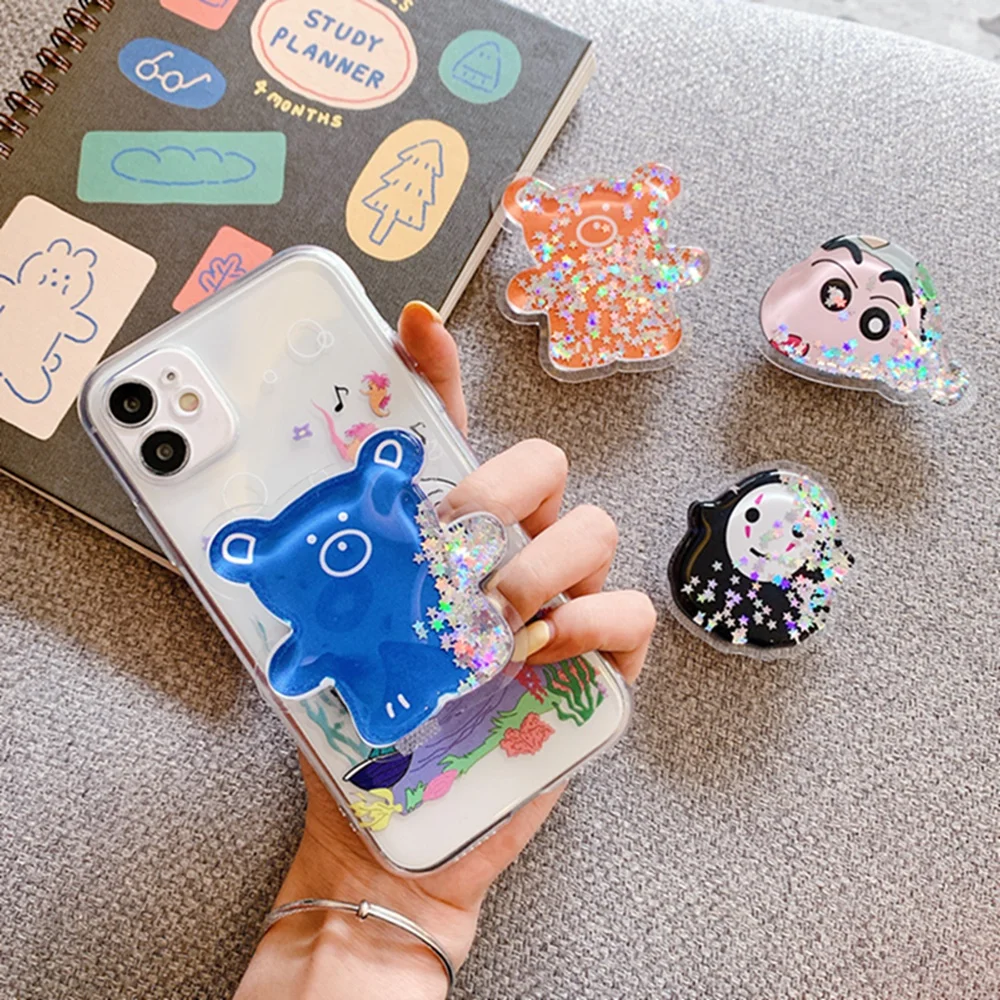 new universal cute cartoon summer quicksand foldable mobile phone finger ring bracket handle air bag bracket accessories free global shipping