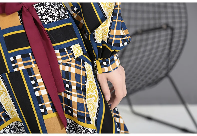 [EAM] Women Pattern Print Pleated Hit Color Dress New Stand Neck Long Sleeve Loose Fit Fashion Tide Spring Autumn 1A884