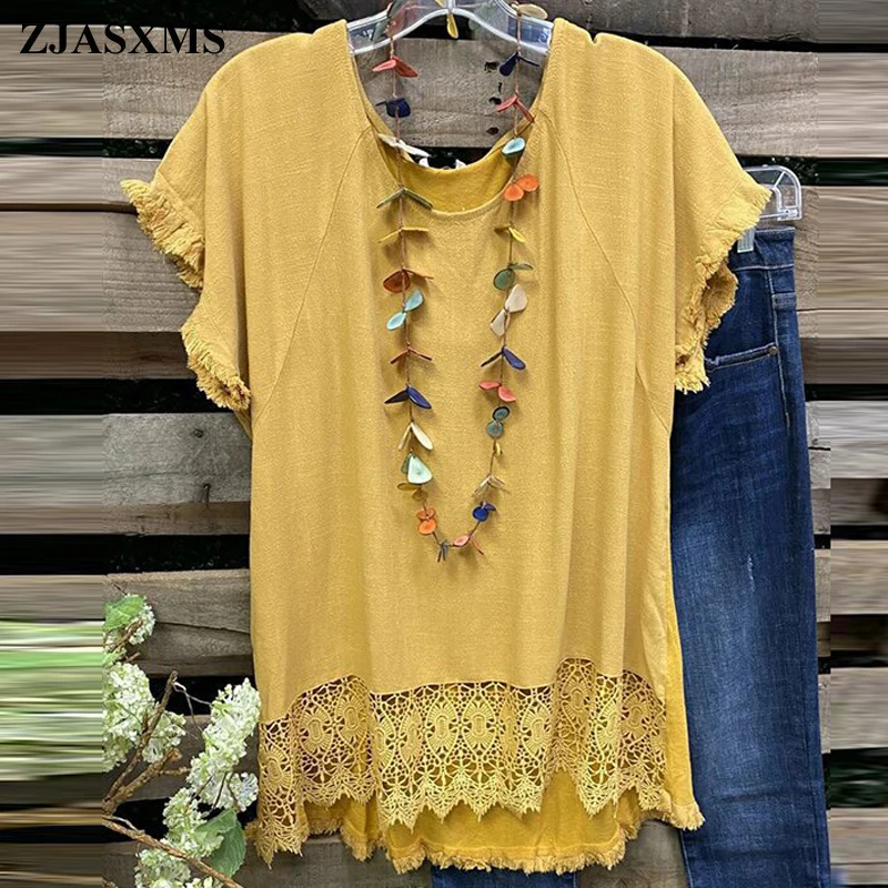 

Женская Повседневная Блузка с оборками, однотонная хлопковая льняная рубашка с коротким рукавом и круглым вырезом, кружевные топы с выреза...