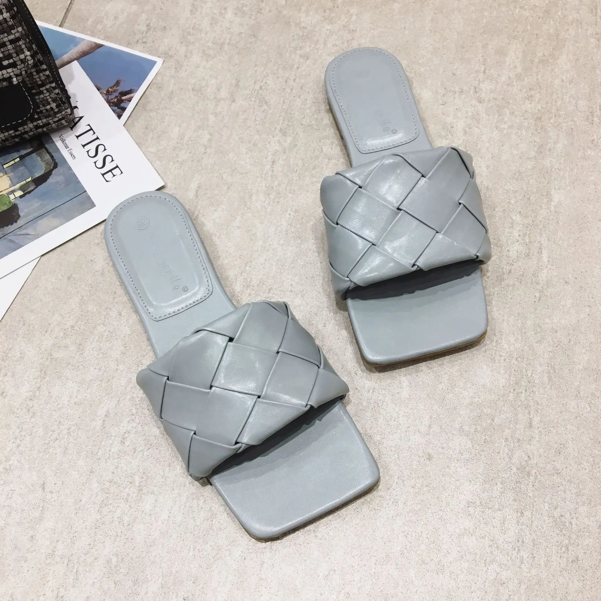 

strips leather Slip on woven slides sandals New Designer Ladies Weave Square Open Toe Flat Slippers Summer Casual Beach Shoes