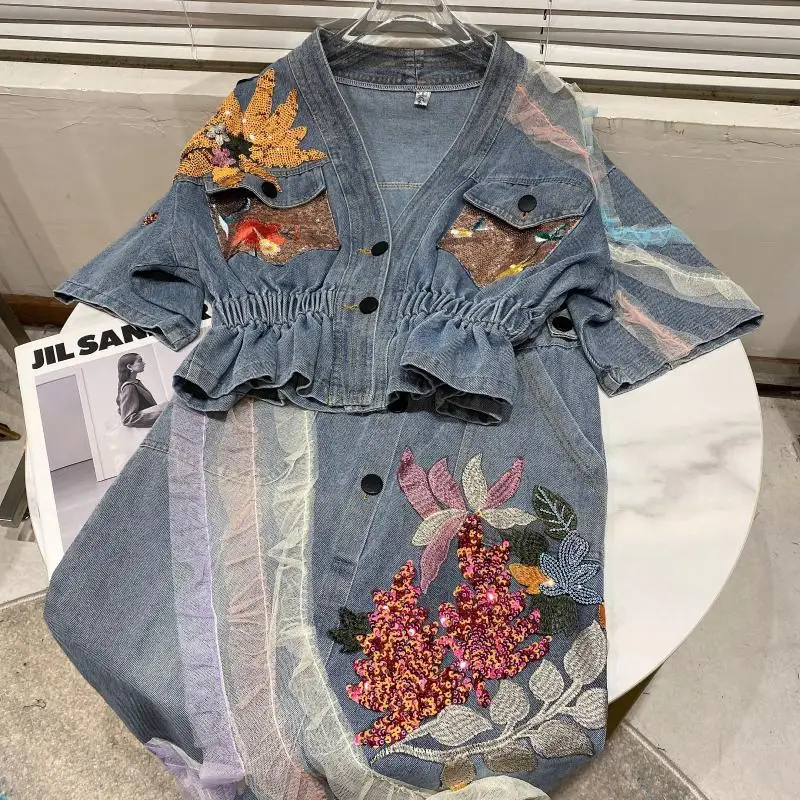 

Two Piece Set 2021 Summer New Shirt Floral Sequins Embroidered V-neck Denim Top Mesh Patchwork Jeans Skirt Suit Mid-length Skirt