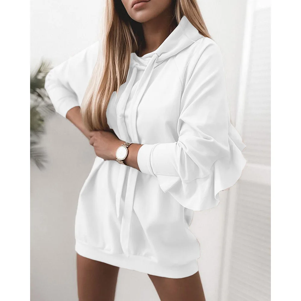 

Pure White Back Ruffles Patchwork Long Sleeve Pullover Retro Top Sweatshirts Hoodies Casual Dresses Women Cool Girl Streetwear