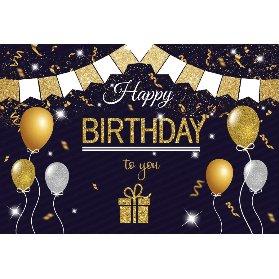 

Golden Happy Birthday and Balloon Black Backdrop Party Photography Background Holiday Celebration Photo Booth Studio Decor