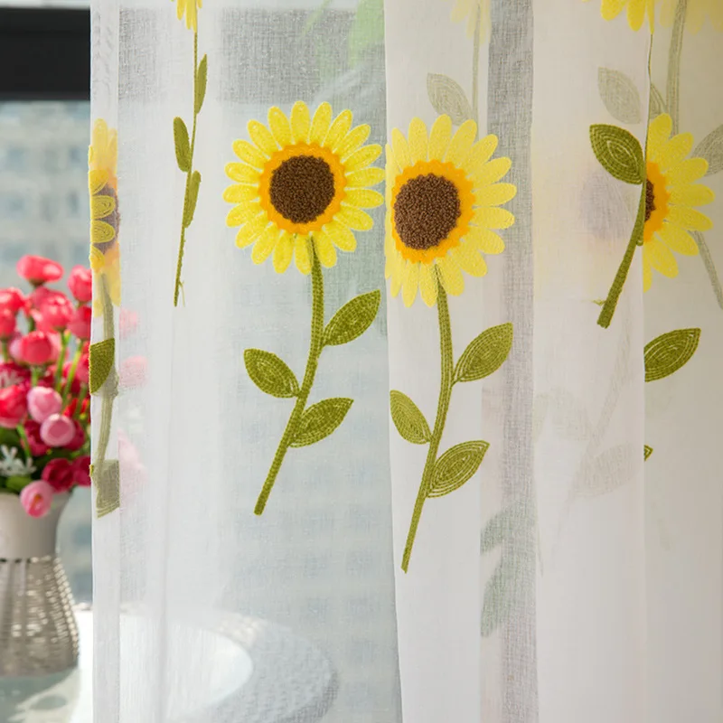 

Sunflower Pastoral Simple Imitation Cotton and Linen Three-dimensional Embroidery Curtains for Living Room Bedroom Yellow
