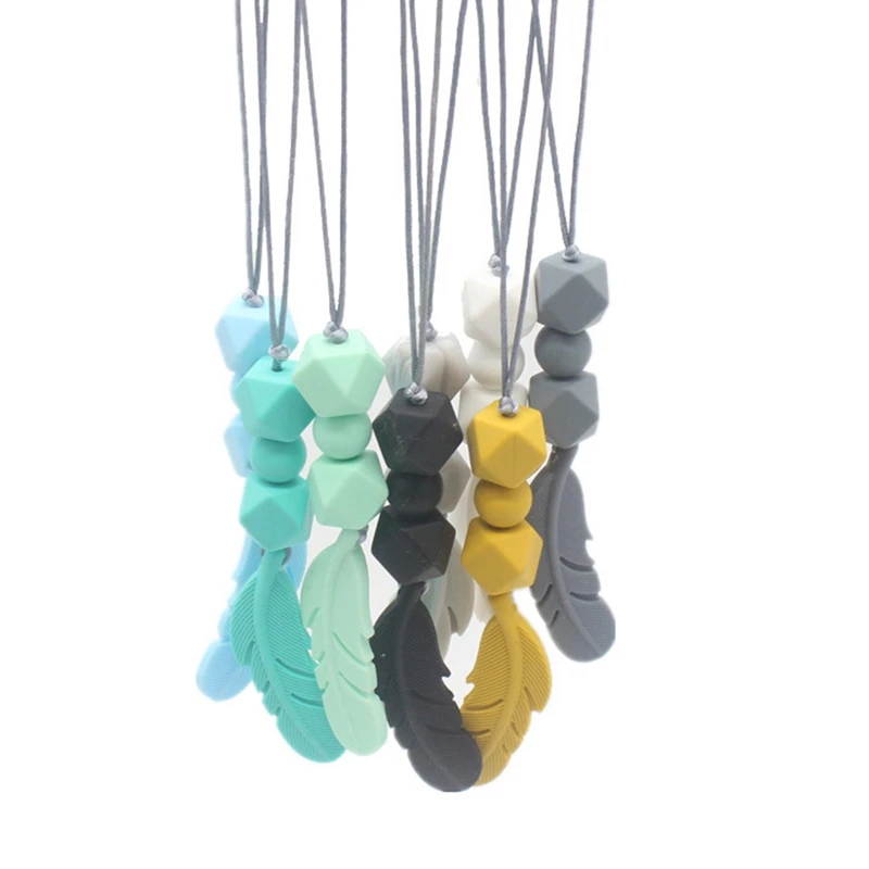 

Food Grade Silicone Teether Necklace Feather Shape Chewing Baby Kids Newborn Long Chain Teething Necklaces Bite Chew Beads Toys