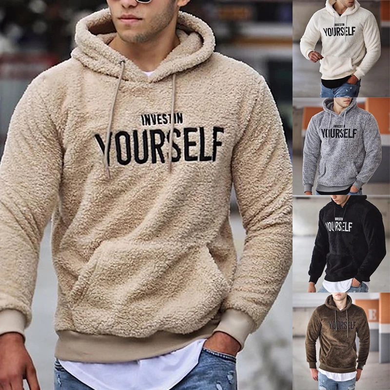

S-5xl 5Colors New Autumn And Winter Warm Men's Wool Hooded Sweatshirts Letter Print Hooded Kangaroo Pullover Pocket Wool Sweater
