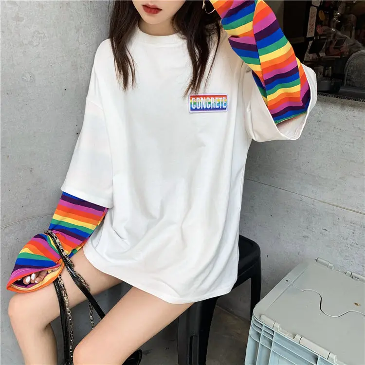 

Autumn rainbow stripe fake two-piece long-sleeved t-shirt female loose ins shirt spring and autumn bottoming shirt