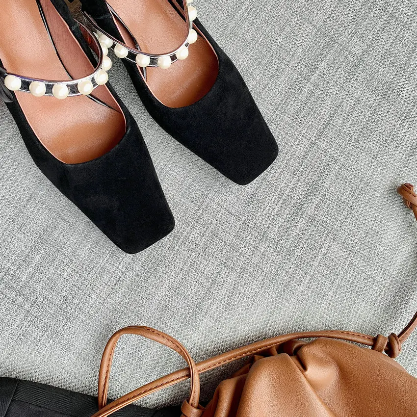 

QUTAA 2021 Retro Square Toe Ladies Shoes Spring Autumn Kid Suede Women Pumps String Bead Elegant Square High Heels Size 34-39