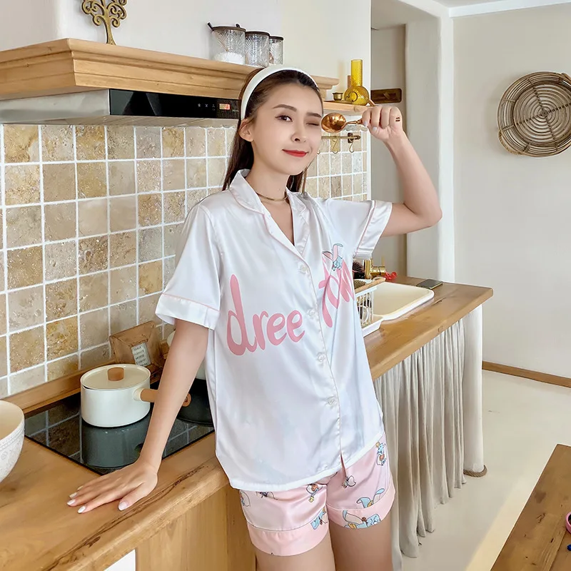 

Summer Short-Sleeved Shorts Cute Pajamas For Women Ladies Thin Section Simulation Silk Home Service Suit Lounge Negligee Pajamas