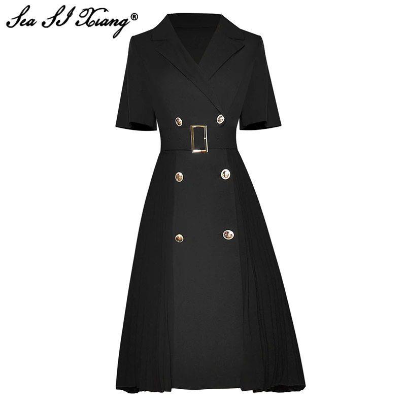 

Seasixiang Fashion Designer Summer Dress Women Turn-down Collar Short Sleeve Sashes Black Office Lady Pleated Dresses