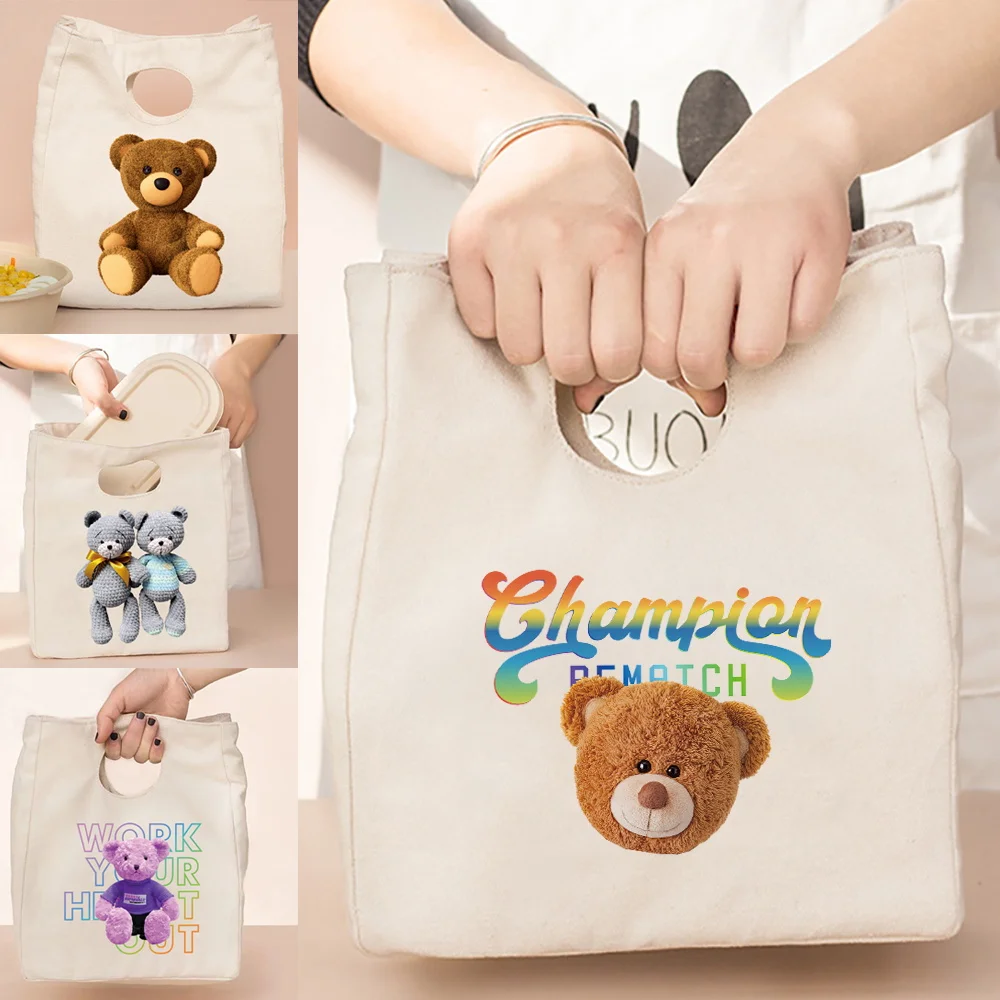

Cute Lunch Bag Canvas Picnic Tote Bag Cotton Small Meal Bag Storage Bag Women Bag,Bear Print Shoulder Eco Storage Shopper Bags