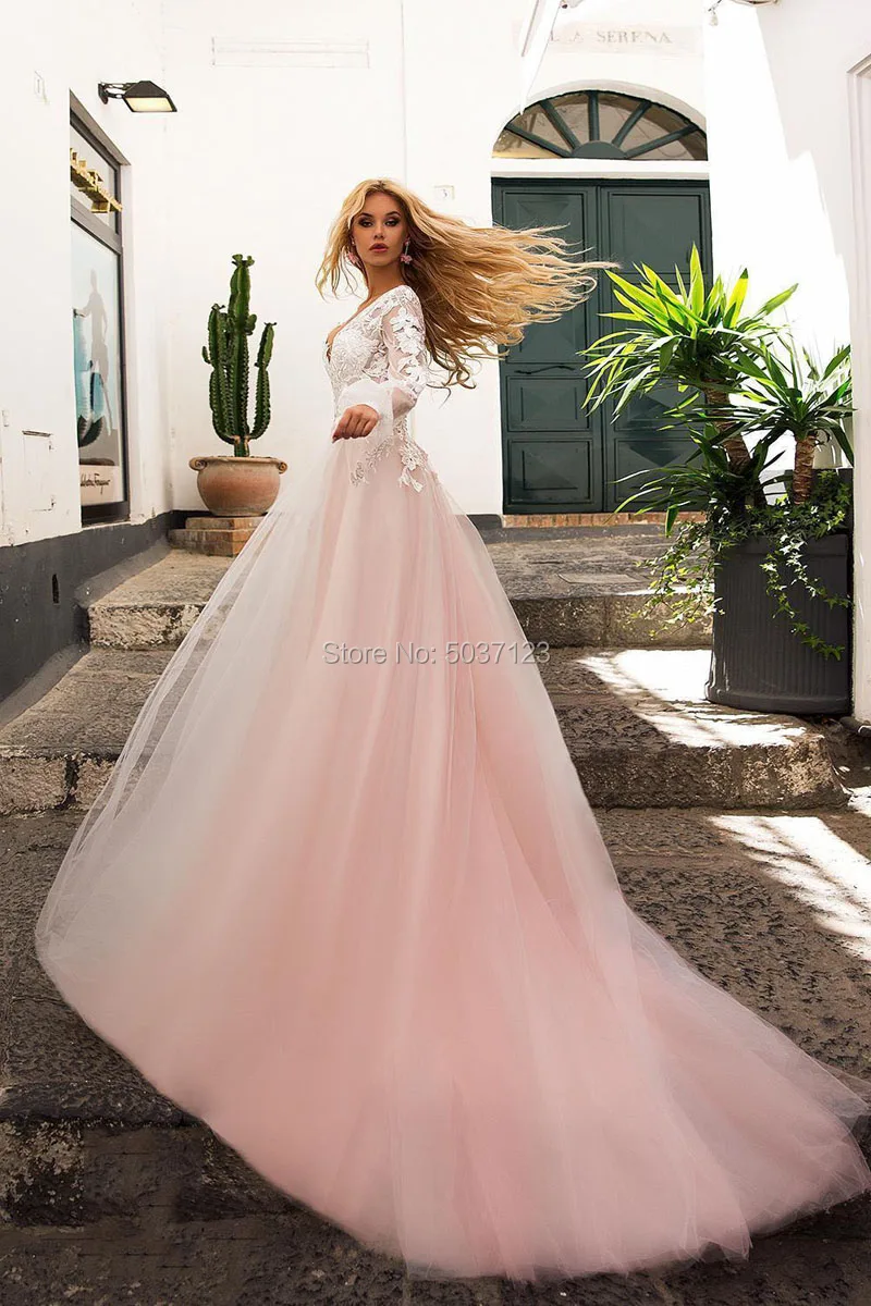 Pink Long Sleeves A Line Wedding Dresses Lace Appliques V Neck Bridal Gowns Court Train Vestido De Noiva Back Button | Свадьбы и