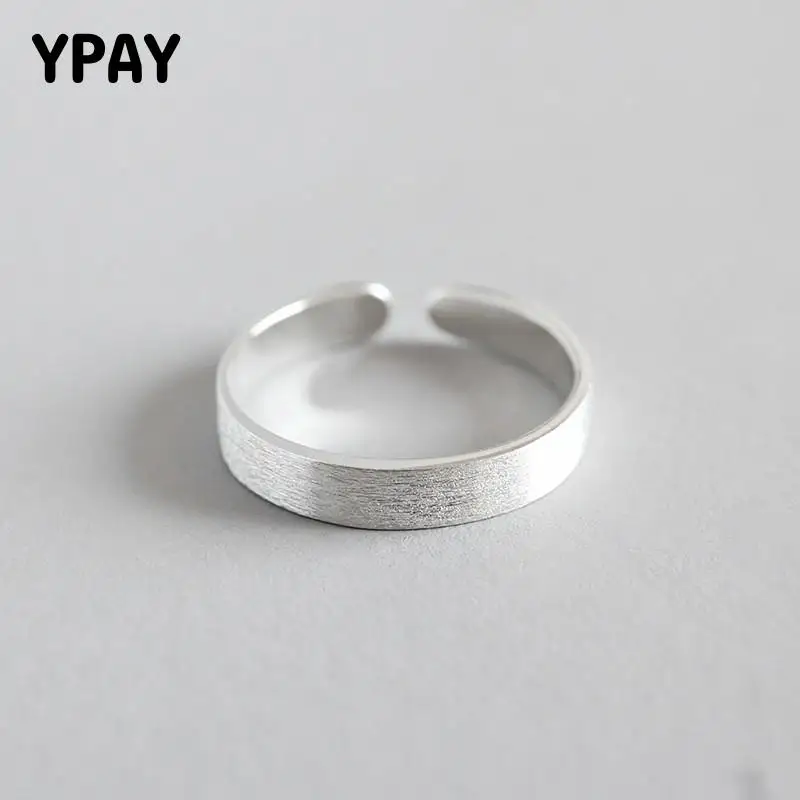 

YPAY 100% Real S925 Sterling Slver Adjustable Rings for Women Personality Simple Plain Brushed Opening Ring Fine Jewelry YMR567