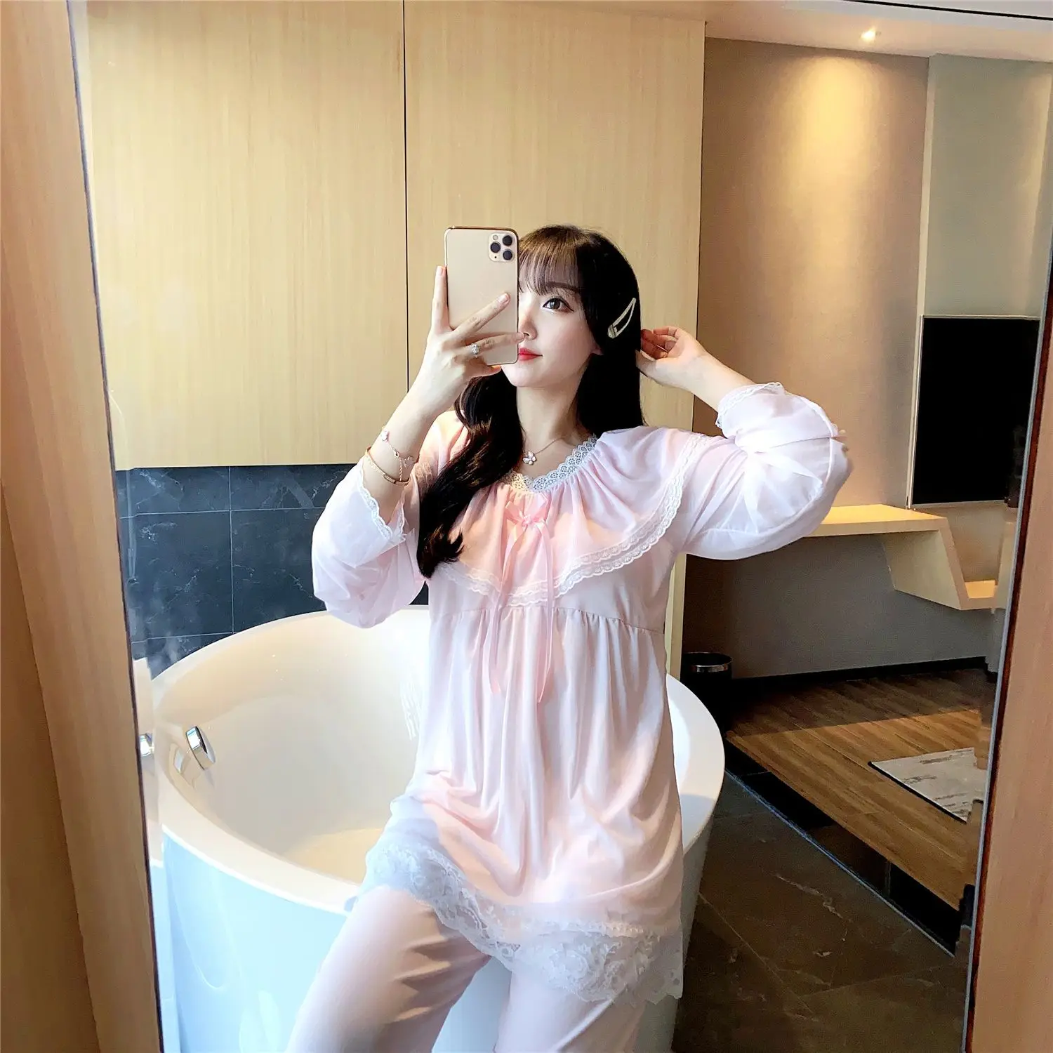 Princess Wind Belt Bra Pajamas Women's Spring Autumn Cotton Nightwear Long Sleeve 2Pcs Suit Court Home Clothes Sleepwear