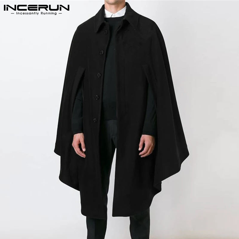 

Men Cloak Coats Solid Color Lapel Loose Streetwear Casual Men Ponchos Single Breasted 2021 Fashion Leisure Trench Cape INCERUN