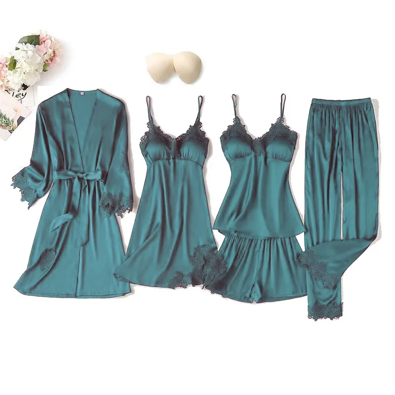 

Green Lace Trim Pajamas Set Women Satin 5PCS Sleepwear Spring Summer Sleep Set Femme Pijamas Suit Casual Kimono Gown Homewear