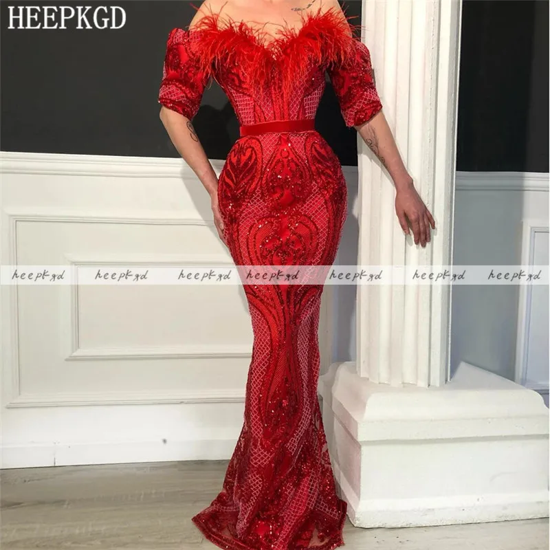 

Red Glitter Mermaid Evening Dress With Feather Off The Shoulder Half Sleeves Plus Size Occasion Dresses For Women Prom Gowns