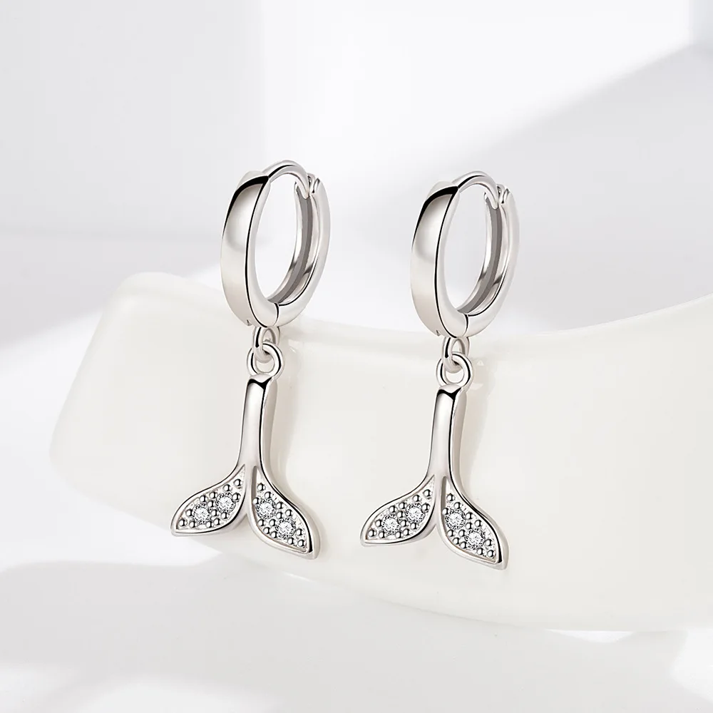 

925 Sterling Silver Zircon Mermaid Stud Earrings For Women Girls Wedding Party Jewelry Pendientes eh558