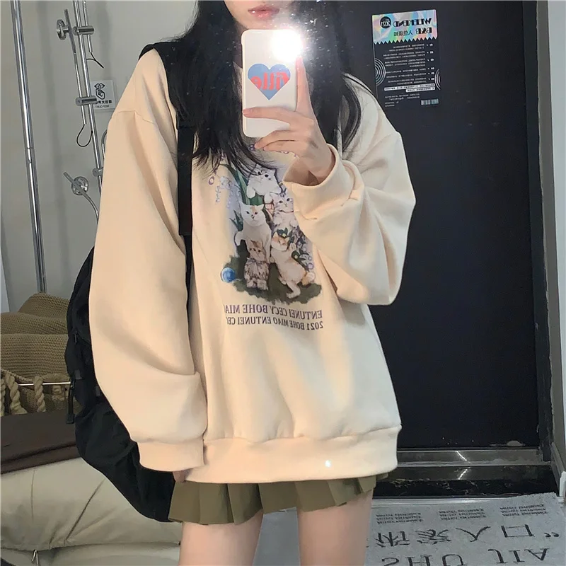 

Cat Cartoon Printed Loose Plush Sweater Autumn and Winter Lower Body Missing Round Neck Top Women's Fashion