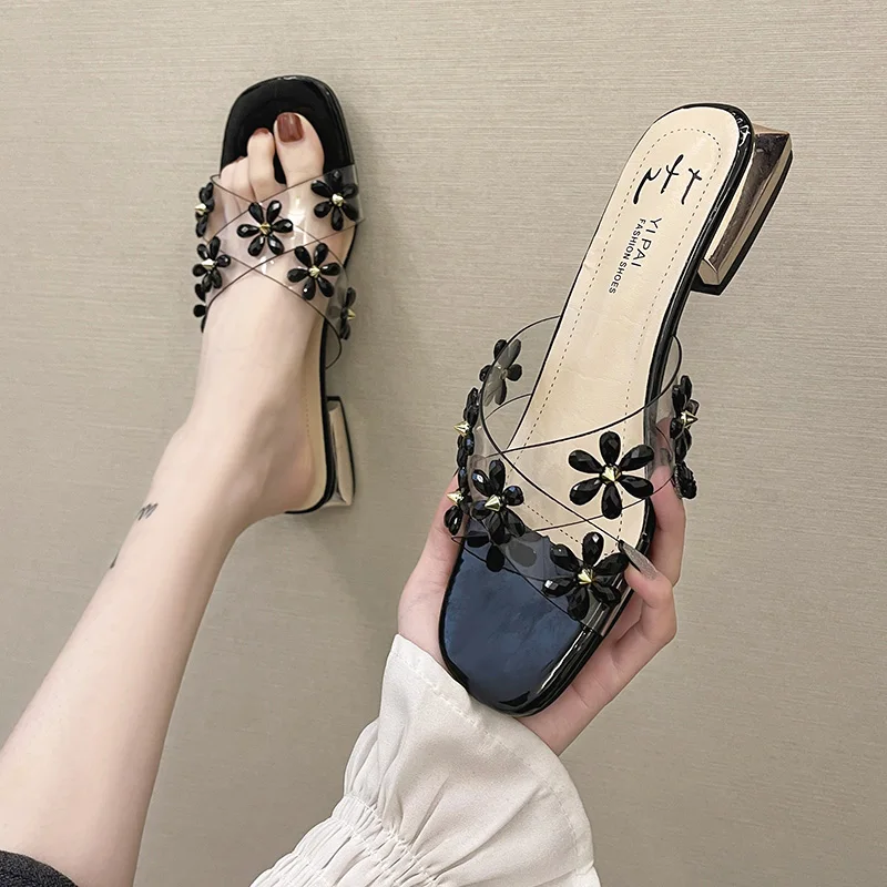 

Female Shoes Low Slippers Casual Glitter Slides Med 2021 Luxury Jelly Rome Hoof Heels Fashion PU Glitter Slides Med Shoes Woman