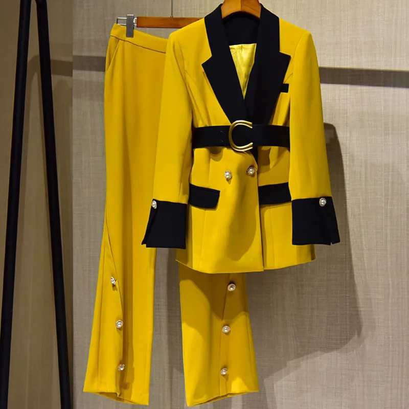 

Women Blazer And Pants Sets Two Pieces Suits OL Double Breasted Jacket Formal Suit Trousers Female Blazers Pant Two Piece Set