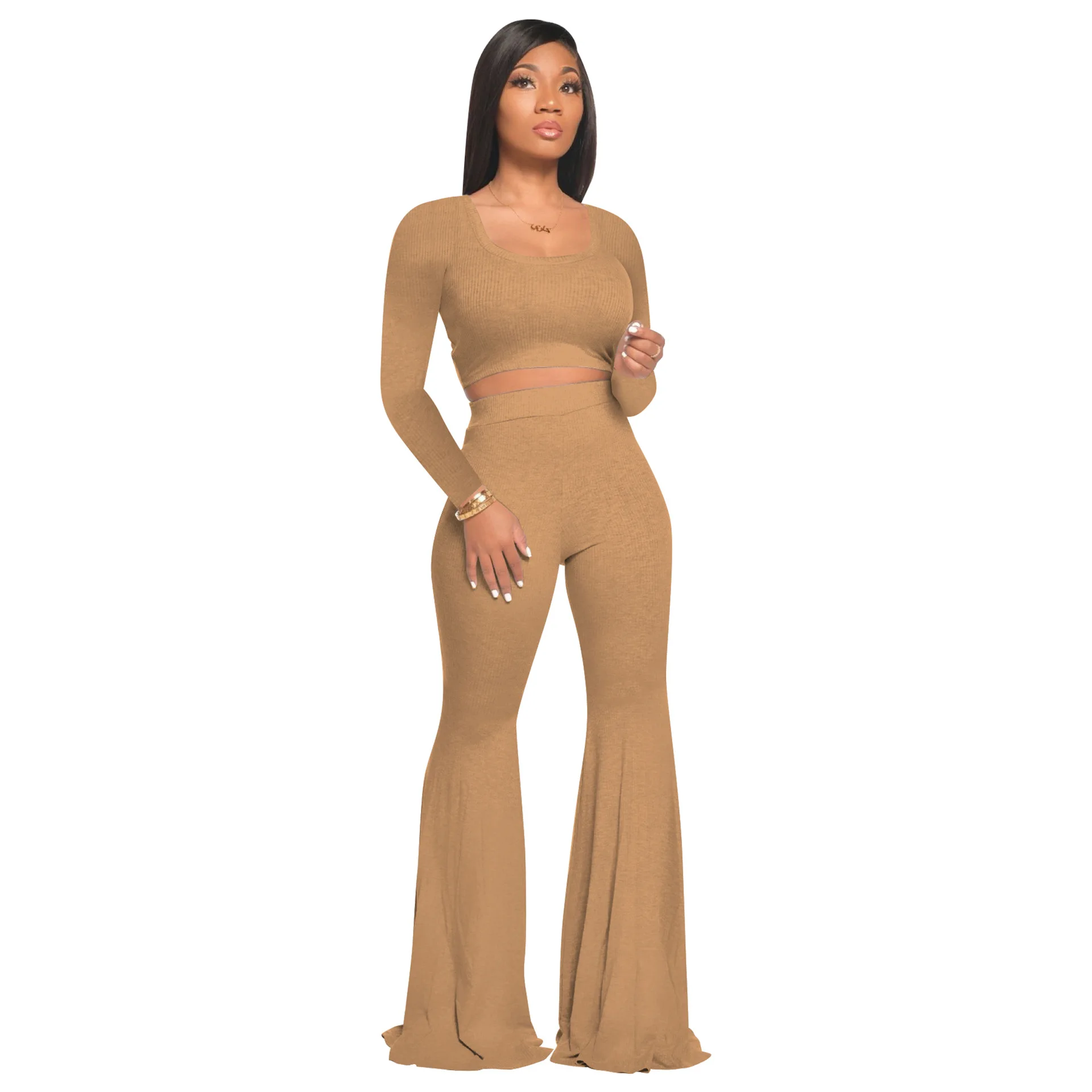 

Women's Solid Color Tracksuit Slim Flared Long Sleeve Tops And Pants Two Piece Set Women Outfits Suit