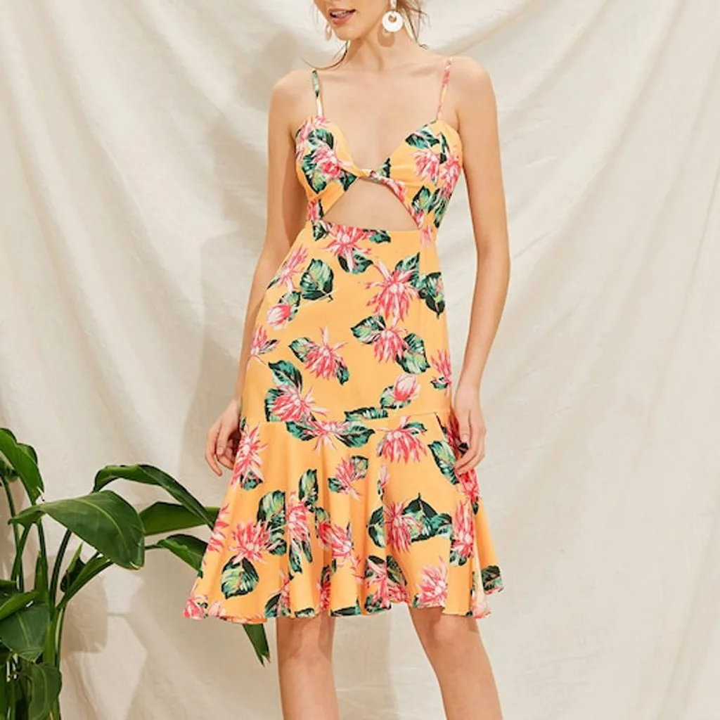 Летнее платье миди с цветочным рисунком женское без рукавов открытая спина