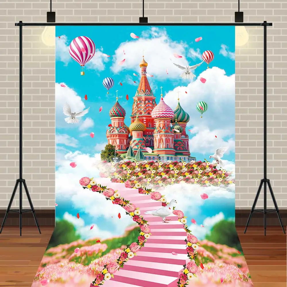 

NeoBack Happy Birthday Castle Hot Air Balloon Sky Cloud Star Glitter Princess Party Photo Backdrop Photography Background