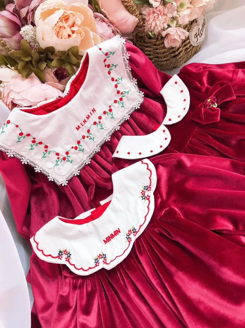 Для маленьких девочек осень-зима весенние цвет вина красный бархат с длинным