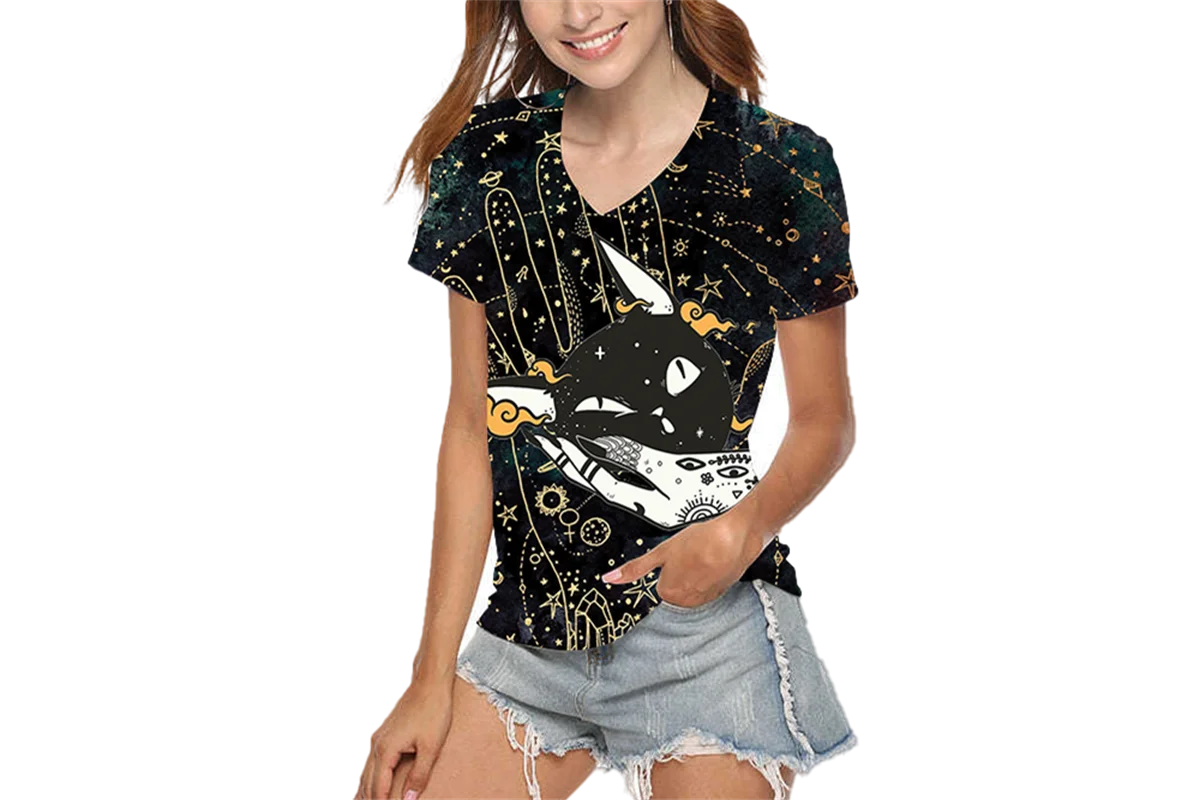 

Women's V-Neck Short Sleeve T-Shirt, Casual 3D Print Top, Urban Style Shirt, Plus Size Loose Cotton Short Sleeve T-Shirt, S-5XL