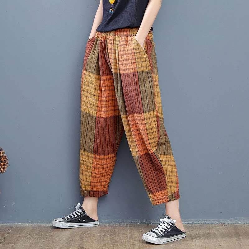 

Spring Summer Arts Style Women Elastic Waist Harem Pants Vintage Cotton Linen Plaid Pants Loose Female Trousers Plus Size D414