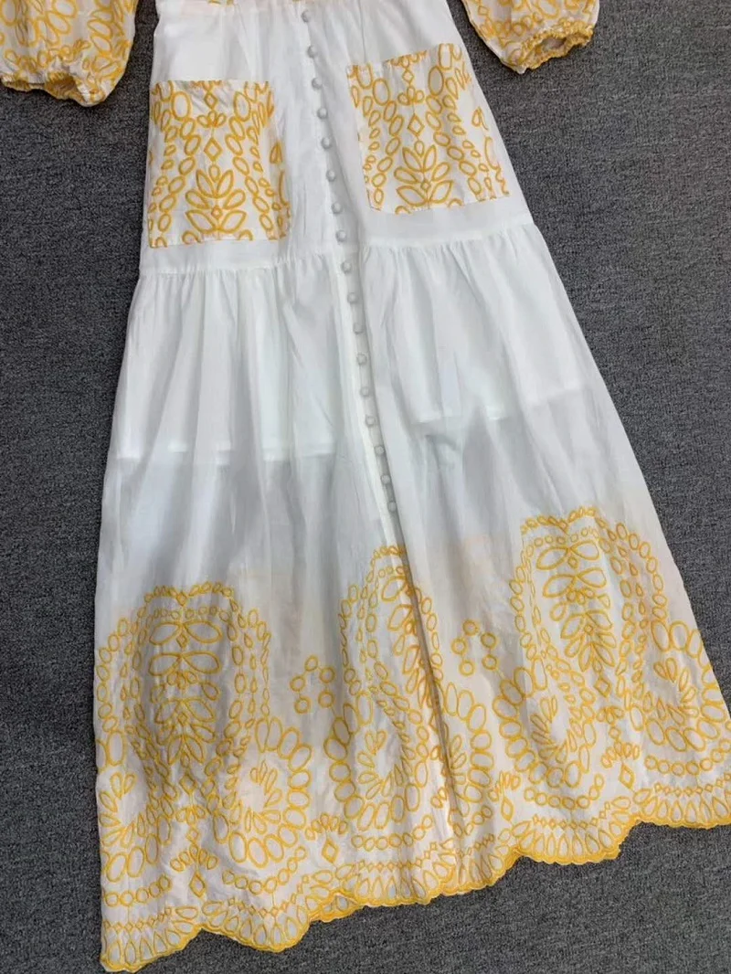 

Top Quality New 2020 Summer Long Dresses Women Sexy V-Neck Color Block Yellow Embroidery Vintage Button Front White Maxi Dress