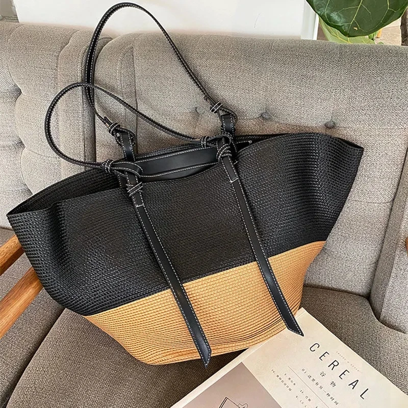 

2021 Spring and Autumn New Straw Shoulder Bag Women Large Capacity Rattan Handle Bag Splicing Beach Bag Travel Vacation Woven