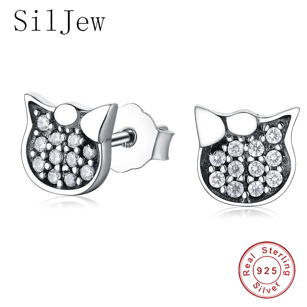 

SilJew подлинные модные 925 подвеска в форме кота из серебра серьги-гвоздики для женщин, начинающих ходить, одежда Изысканные ювелирные изделия ...
