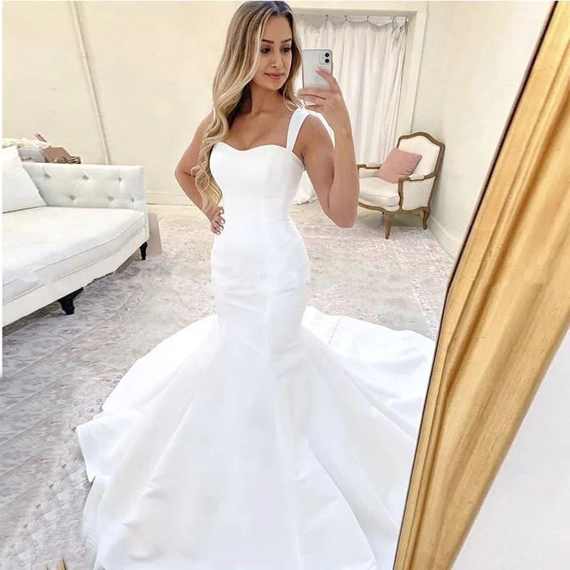 

vestido de noiva sereia Spaghetti Straps White satin Wedding Dresses Mermaid Bridal Gowns Chapel Train robe de mariee