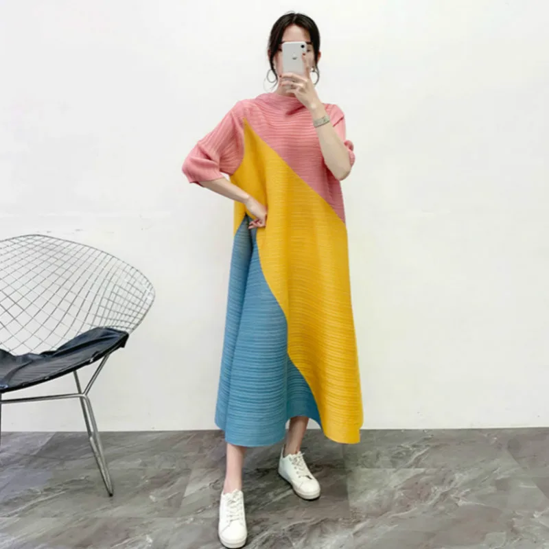 Dress For Women 45-75kg 2021 Spring Summer Color Patchwork Elastic Loose Miyake Pleated 3/4 Sleeve Casual Dress Ankle Length