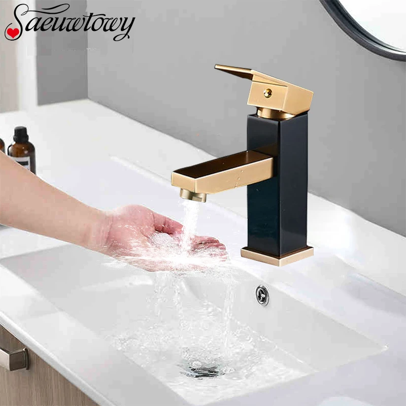 Смеситель для раковины с одной ручкой черный матовый золотой короткий высокий