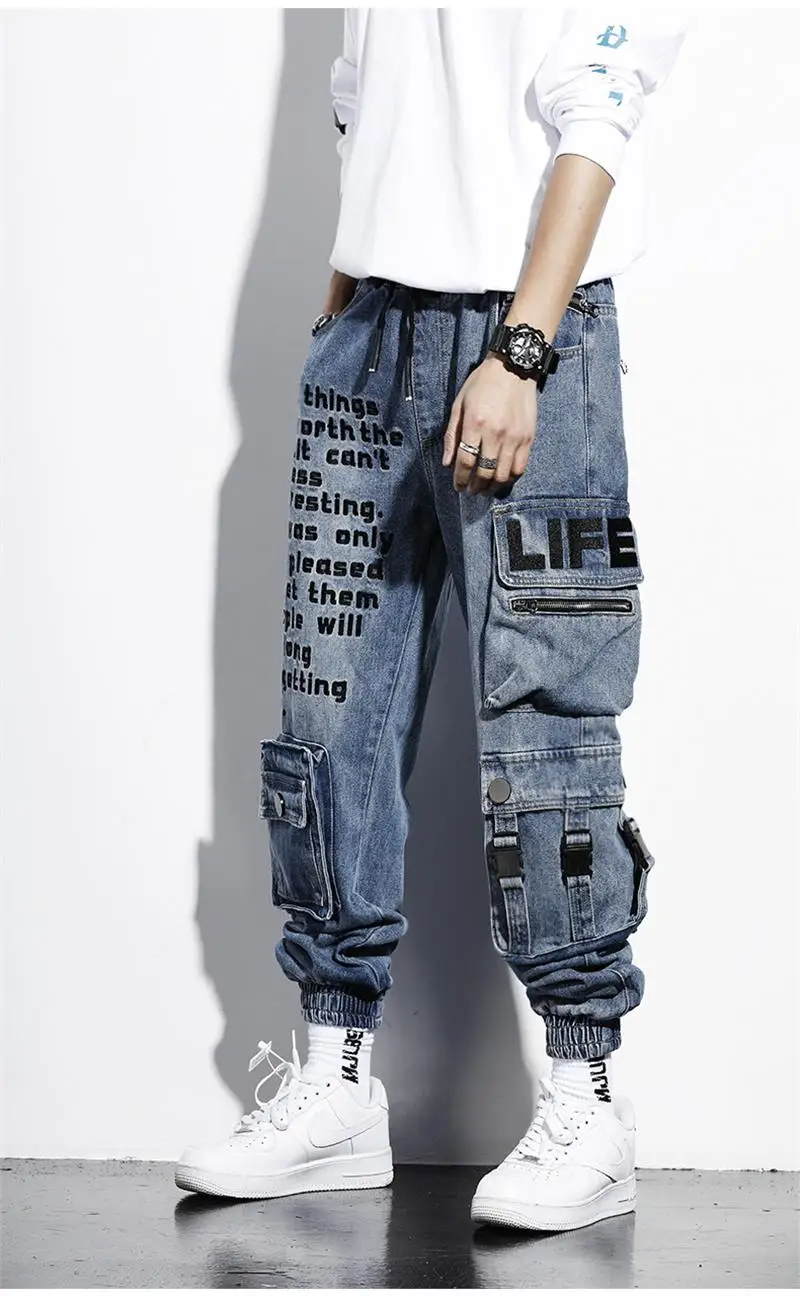 

Одежда для работы, джинсы для мужчин, тяжелая промышленность, вышитые брюки на молнии с кулиской, брюки в стиле хип-хоп со множеством кармано...