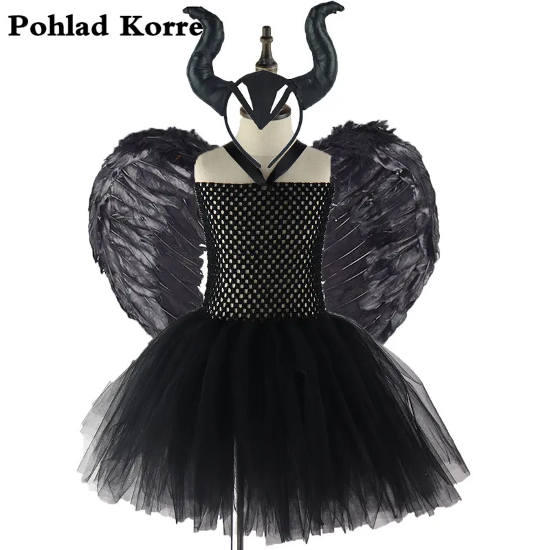 

3 pcs Witch Evil Queen Girls Tutu Dress With Horns Feather Halloween Witch Costume for Girls Kids Party Dress Clothing XX0