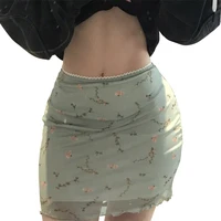 womens summer mesh bodycon mini skirt vintage floral print high waist lettuce trim short pencil skirt