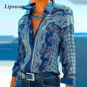 2021 в винтажном стиле; Сезон весна-осень блузка сложного кроя с принтом, женское элегантное платье на пуговицах с отложным воротник со стойкой, цвет одно тонный, Женская Повседневная с длинным рукавом Свободные топы Blusas