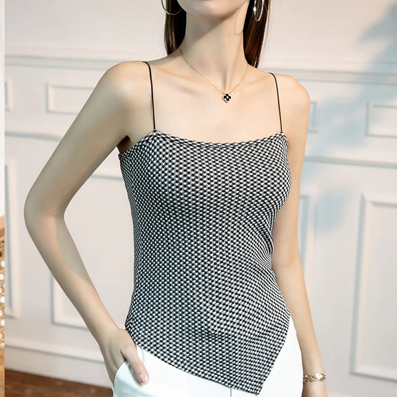 

Топ женский клетчатый с открытой спиной, пикантный облегающий Асимметричный пуловер с принтом, базовая пляжная майка, на лето