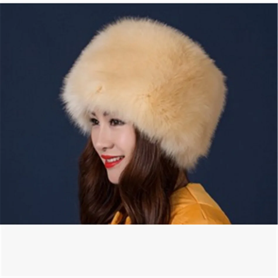 beige yellow Зимние хлопковые шапки-бомберы из искусственного лисьего меха для женщин, уличные ветрозащитные утепленные меховые шапки - Цвет: beige yellow