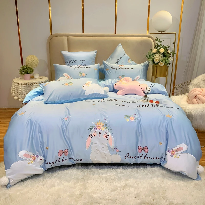 

Sweet 100% Cotton Four Piece Bedding Set Cartoon Animal Pattern Rabbit Cute Princess Style King Queen Size