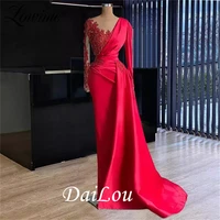 elegant red dubai evening dress for women wedding party gowns long sleeve v neck beaded overskirt formal prom dresses 2021