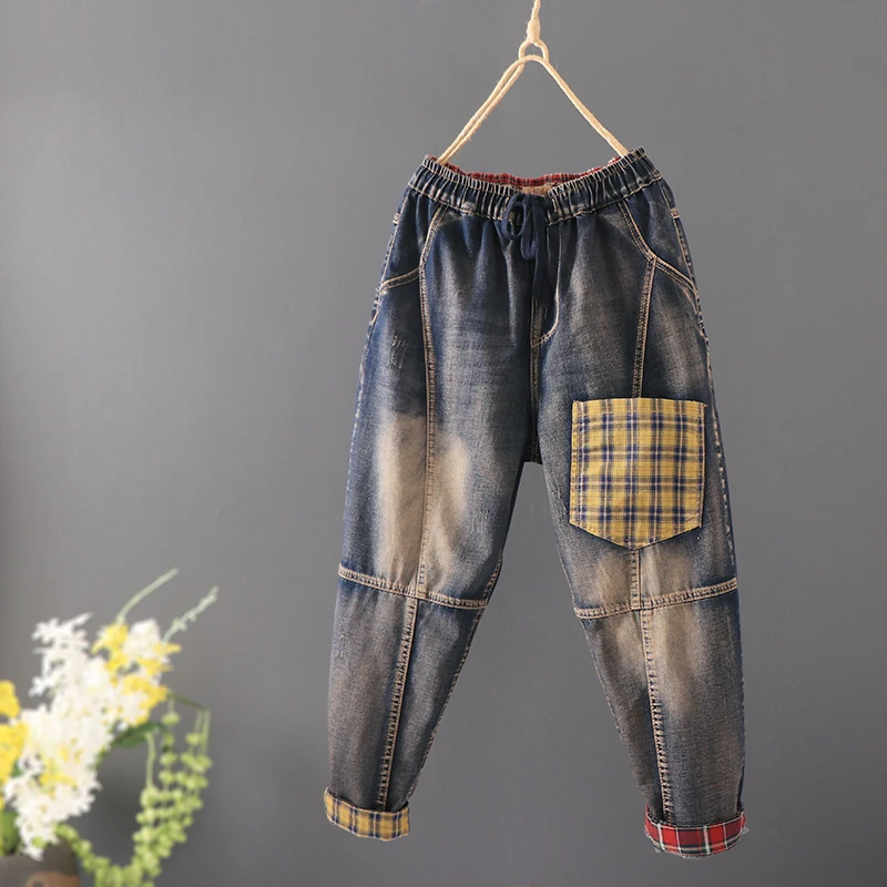 

Retro Personaity Wash Denim Pants 2020 Autumn Women's Multi-pocket Elastic Waist Loose Long Trousers Students Denim Pants