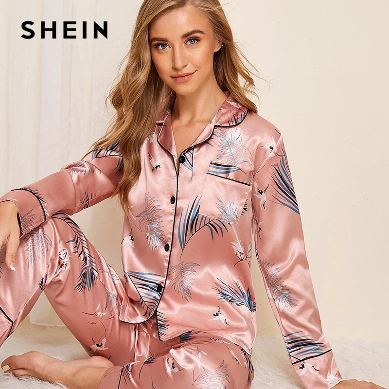 SHEIN розовый кран и лист печати Атласный пижамный комплект Женский Осенний Повседневный короткий рукав белье с карманом длинные штаны пижамные наборы