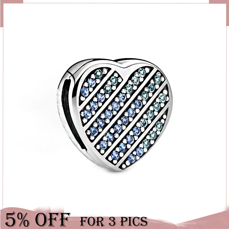 

2021 Spring Hot Sale 925 Sterling Silver Bead Blue Pavé Heart Clip Charm Fit Original Pandora Bracelets Women Jewelry Gift
