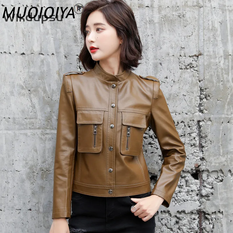 

Женская мягкая кожаная куртка, Корейская Повседневная модная Роскошная брендовая короткая куртка из искусственной овчины, приталенная кур...